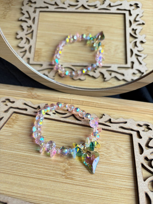 Rainbow Crystal AB Heart Charm Bracelete (Soft Pink)